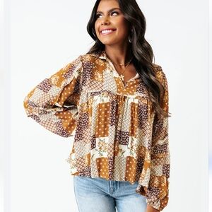 Meritt Floral Lightweight Cream Patchwork Babydoll Top Sz 3XL